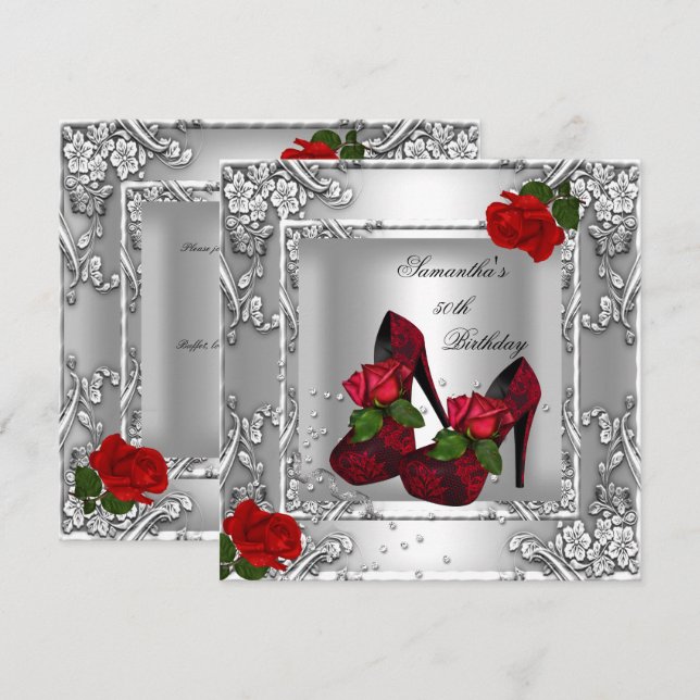 Invitación Cumpleaños 50 Rojo Rosa Plateado (Anverso / Reverso)