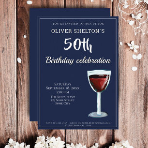 Invitación Cumpleaños 50 Rojo Vino Azul Marino Acuarela