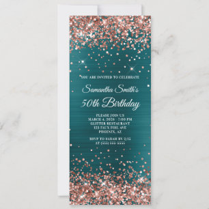 Invitación Cumpleaños 50 Rosa Dorado Brillante Azul Teal Foil