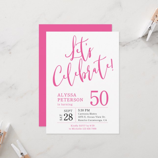 Invitación Cumpleaños 50 Rosa Vamos a Celebrar (Anverso/Reverso In Situ)