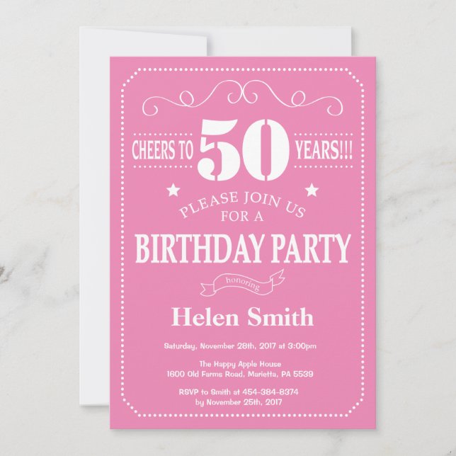 Invitación Cumpleaños 50 Rosa y Blanco (Anverso)