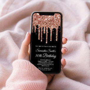 Invitación Cumpleaños 50 Rose Gold Dripping Glitter Negro