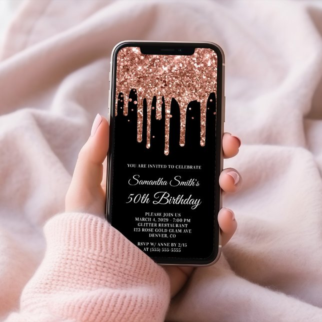 Invitación Cumpleaños 50 Rose Gold Dripping Glitter Negro (Rose Gold Dripping Glitter Black 50th Birthday Invitation)
