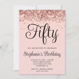 Invitación Cumpleaños 50 Rose Gold Glitter Blush