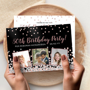 Invitación Cumpleaños 50 Rose Gold Silver Collage Fotográfico
