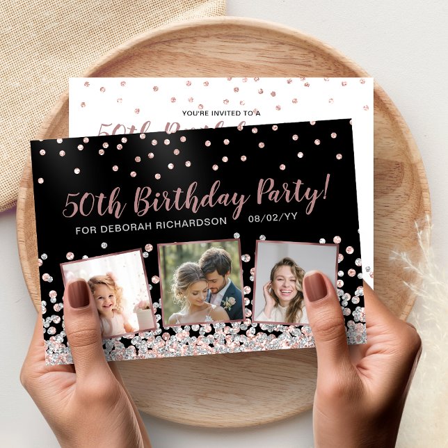 Invitación Cumpleaños 50 Rose Gold Silver Collage Fotográfico (Rose Gold Silver Photo Collage 50th Birthday Invitation)