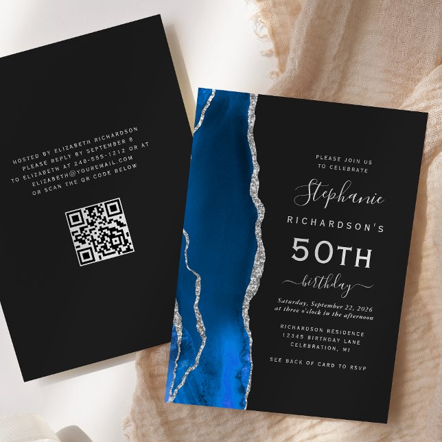 Invitación Cumpleaños 50 Royal Blue Silver Agate Código QR (Subido por el creador)