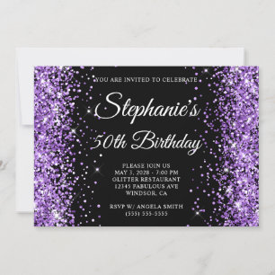 Invitación Cumpleaños 50 Royal Purple Glitter Monograma Negro