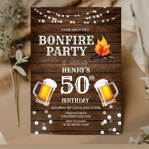 Invitación Cumpleaños 50 Rustic Wood Bonfire Party Beer
