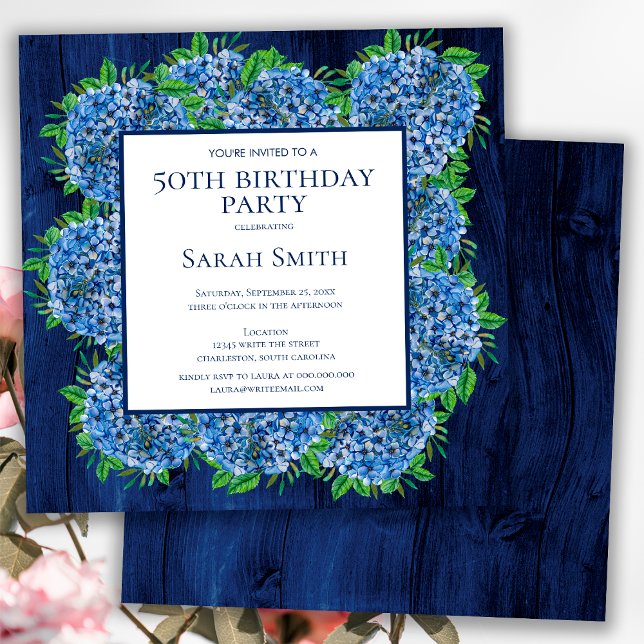 Invitación Cumpleaños 50 Rustico Madera Partido de Hortensias (Subido por el creador)