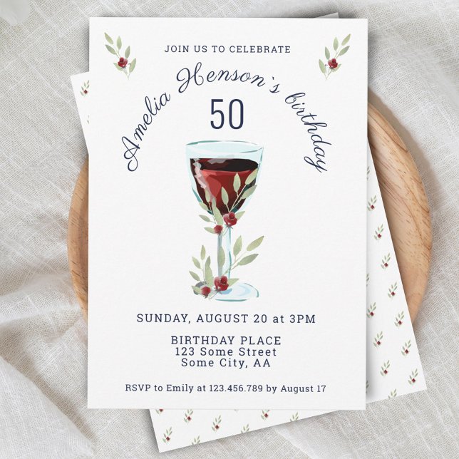Invitación Cumpleaños 50 Rustico Rosa de Vino Rojo Acuarela (Subido por el creador)