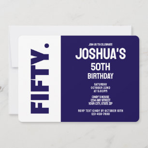 Invitación Cumpleaños 50 Simple Moderno Azul y Blanco