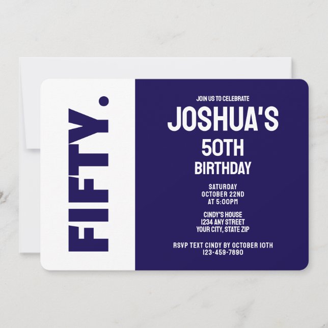 Invitación Cumpleaños 50 Simple Moderno Azul y Blanco (Anverso)