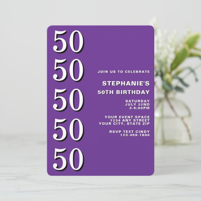 Invitación Cumpleaños 50 Simple Moderno Morado Hito (Anverso de pie)