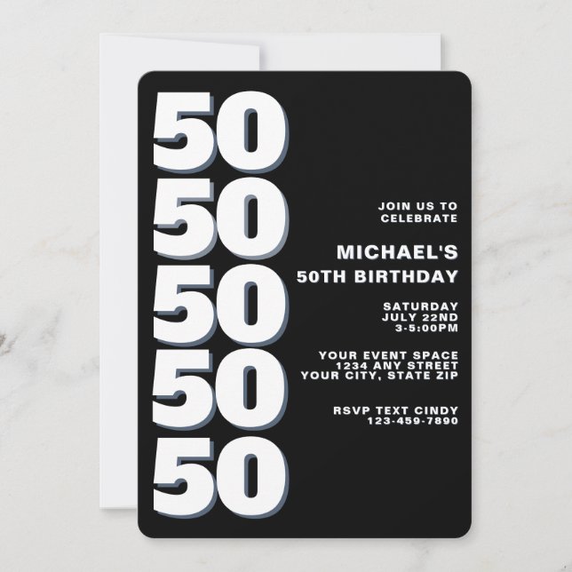 Invitación Cumpleaños 50 Simple Moderno Negro y Blanco (Anverso)