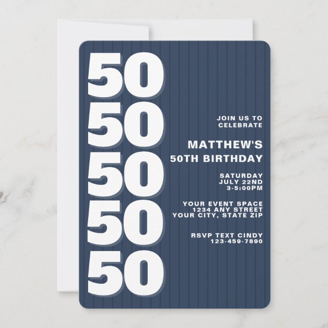 Invitación Cumpleaños 50 Simple Moderno Raya Azul (Anverso)