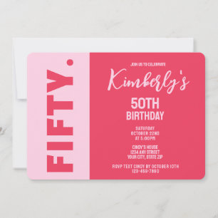 Invitación Cumpleaños 50 Simple Moderno Rosa y Rojo