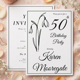 Invitación Cumpleaños 50 Snowdrop Floral Negro Y Blanco