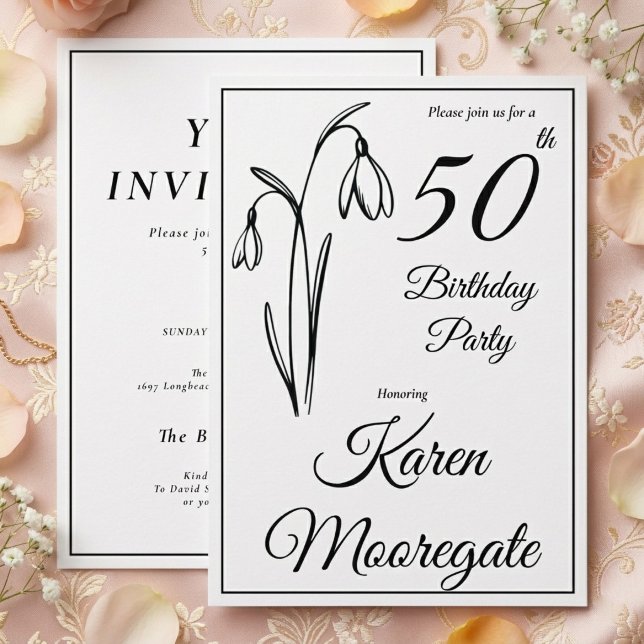 Invitación Cumpleaños 50 Snowdrop Floral Negro Y Blanco (Snowdrop 50th birthday invitation)