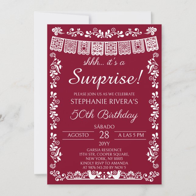 Invitación Cumpleaños 50 Sorpresa Borgoña (Anverso)