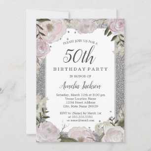 Invitación Cumpleaños 50 Sparkle Pink Silver Floral