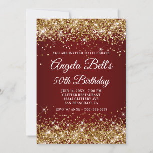 Invitación Cumpleaños 50 Sparkly Gold Glitter Burgundy Ombre