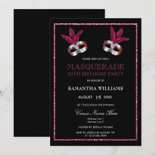 Invitación Cumpleaños 50 Stylish Pink Glitter Masquerade