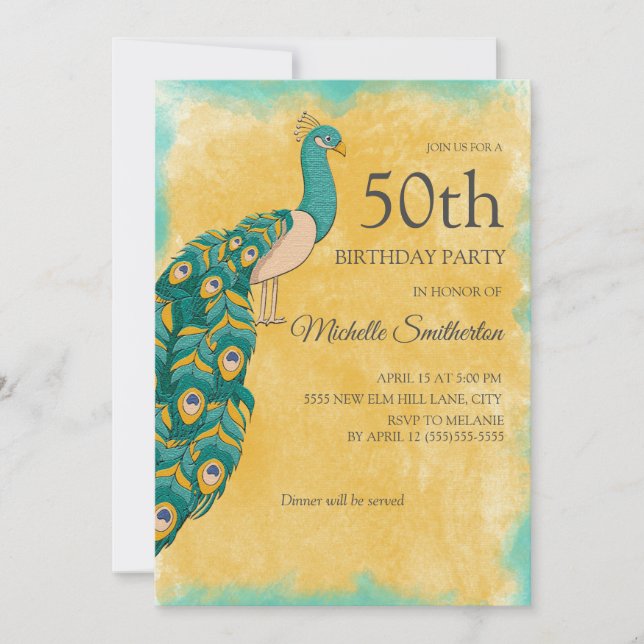 Invitación Cumpleaños 50 Teal Amarillo Acuarela Pavo Real (Anverso)