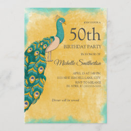Invitación Cumpleaños 50 Teal Amarillo Acuarela Pavo Real