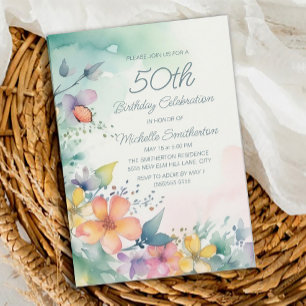 Invitación Cumpleaños 50 Teal Rosa Amarillo Flores Pastel