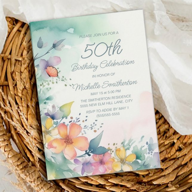 Invitación Cumpleaños 50 Teal Rosa Amarillo Flores Pastel (Teal, yellow, pink floral 50th birthday party invitation)