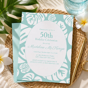 Invitación Cumpleaños 50 Tropical Verde Menta Monstera Fiesta