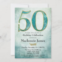 Invitación Cumpleaños 50 Turquesa Azul Dorado Adul
