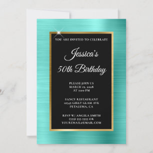Invitación Cumpleaños 50 Turquesa y Oro con Hojuela Negra