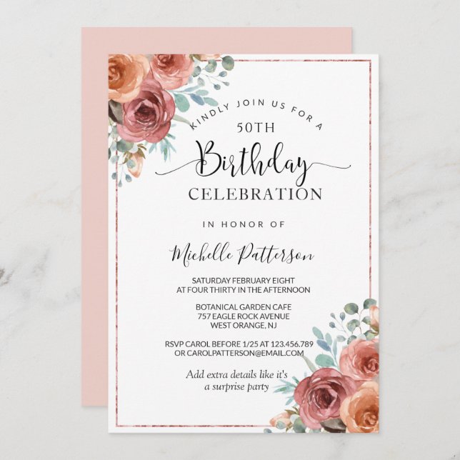 Invitación Cumpleaños 50 (u otro), Rosa Dorado, Floral Meloco (Anverso / Reverso)