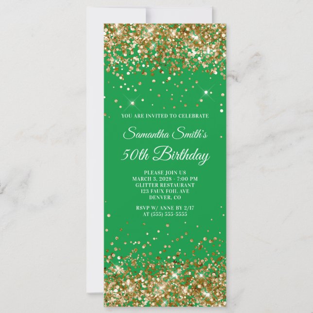 Invitación Cumpleaños 50 Verde Kelly con Brillo Dorado (Anverso)