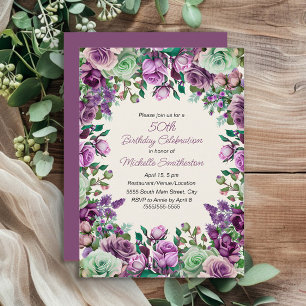 Invitación Cumpleaños 50 Verde Menta Lila Aquarela Floral