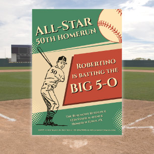 Invitación Cumpleaños 50 Vintage All Star Béisbol Hombres