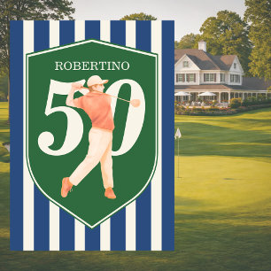 Invitación Cumpleaños 50 Vintage Preppy Golfer Azul Blanco