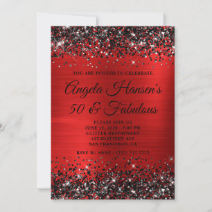 Invitación Cumpleaños 50 y Fabuloso con Purpurina Negra y Hoj