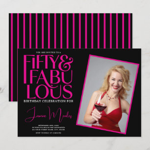 Invitación Cumpleaños 50 y fabuloso con rayas elegantes en ro
