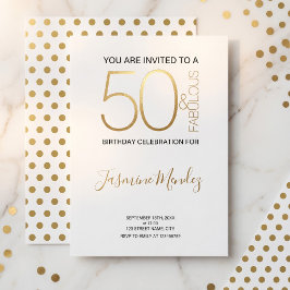 Invitación Cumpleaños 50 y fabuloso de lunares dorados y blan