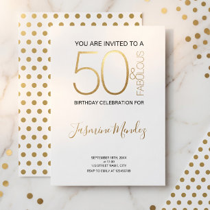 Invitación Cumpleaños 50 y fabuloso de lunares dorados y blan