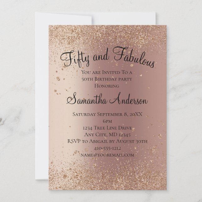 Invitación Cumpleaños 50 y Fabuloso de Rose Gold Glitter (Anverso)
