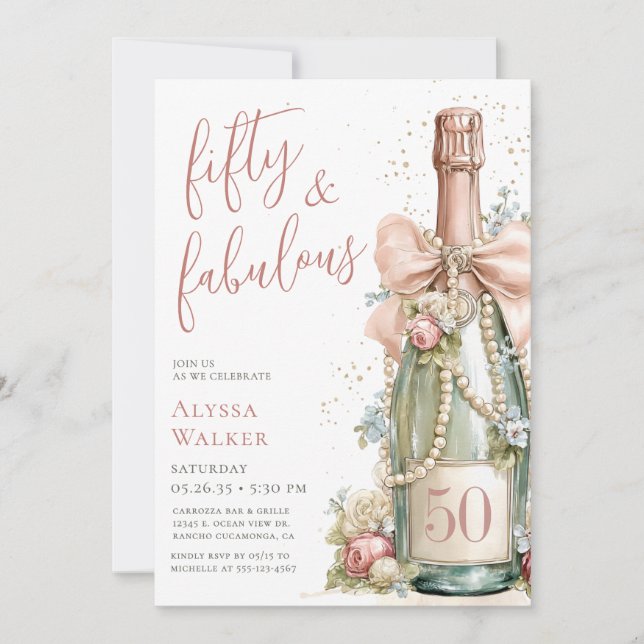 Invitación Cumpleaños 50 y Fabuloso Rosa Dorado Script Quincu (Anverso)