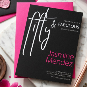 Invitación Cumpleaños 50 y Fabuloso Rosa Fucsia Negro Chic