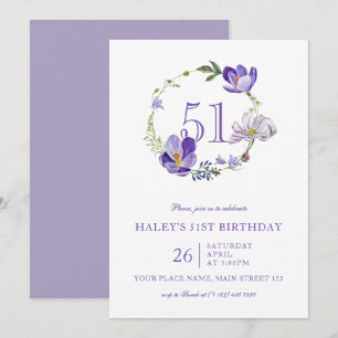 Invitación Cumpleaños 51 de Flor Silvestre Floral Púrpura Vin
