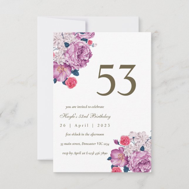 Invitación Cumpleaños 53 Botánico Floral Púrpura Simple Chic (Anverso)