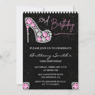 Invitación Cumpleaños 53 Glam Black Pink Plata Diamante