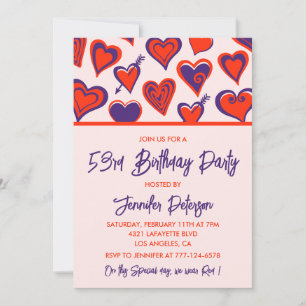 Invitación Cumpleaños 53 Modern Glam Rojo Corazón Rosa